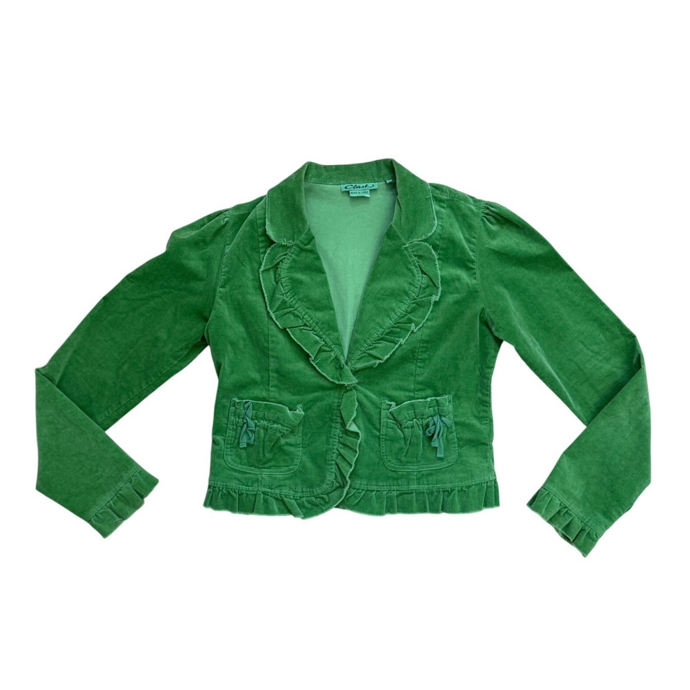 Y2K Vintage Green Corduroy Ruffle Cropped Blazer Jacket goblincore boho fairy